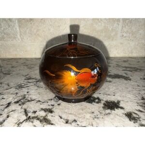 Vtg Asian lacquerware trinket box, hand-painted goldfish in gold,orange on black
